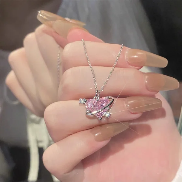 Y2K Pink Planet Heart Zircon Pendant Necklaces - Image 2