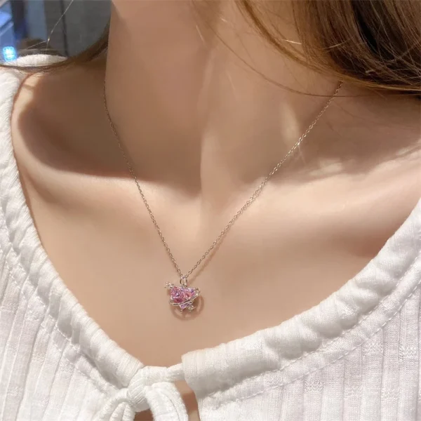 Y2K Pink Planet Heart Zircon Pendant Necklaces - Image 4