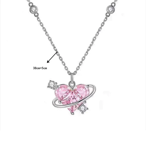 Y2K Pink Planet Heart Zircon Pendant Necklaces - Image 6